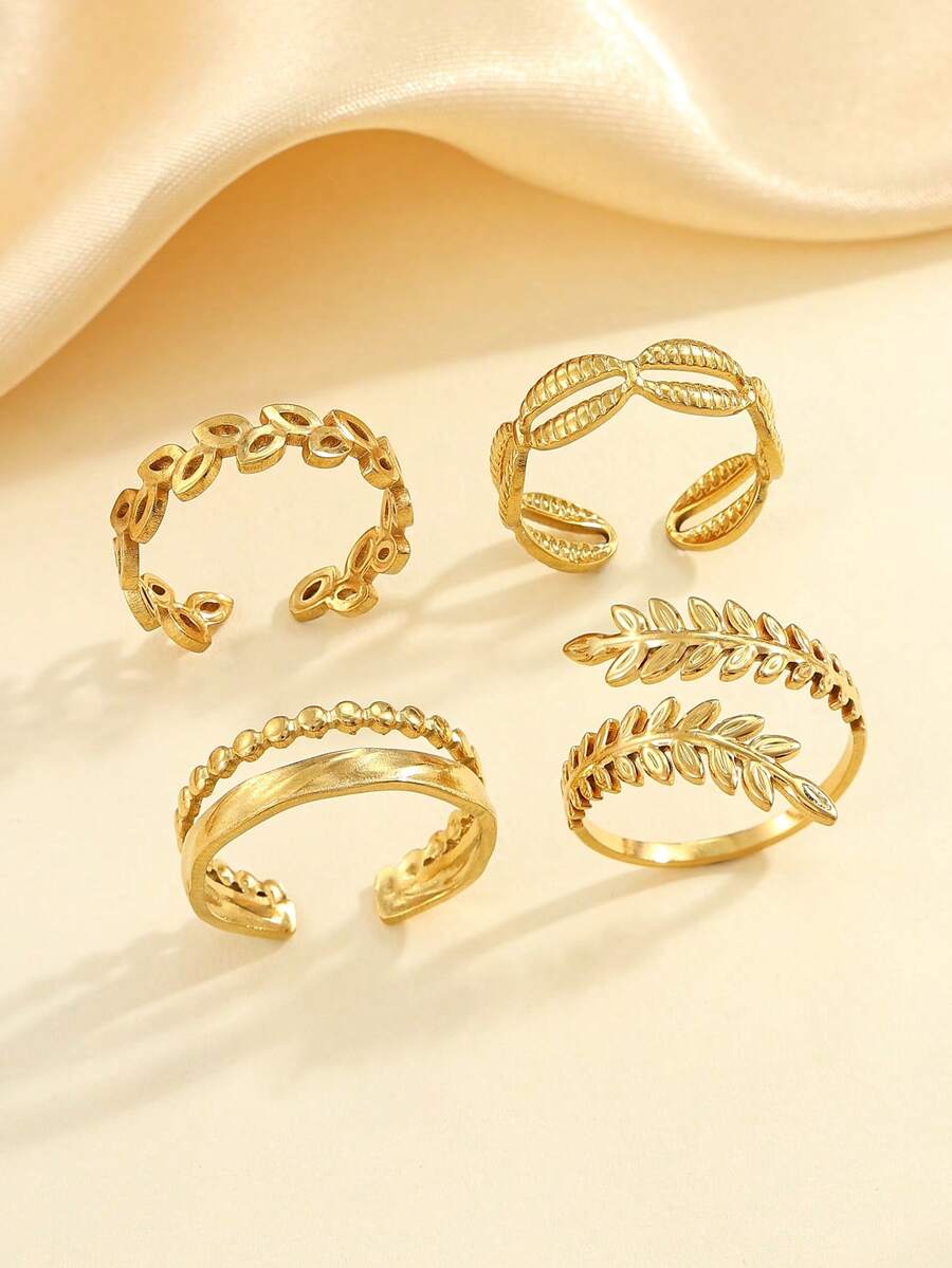 4件套不锈钢简约金色开口戒指套装，适合女性日常佩戴或作为礼物 - 金黃色 - 查看 1