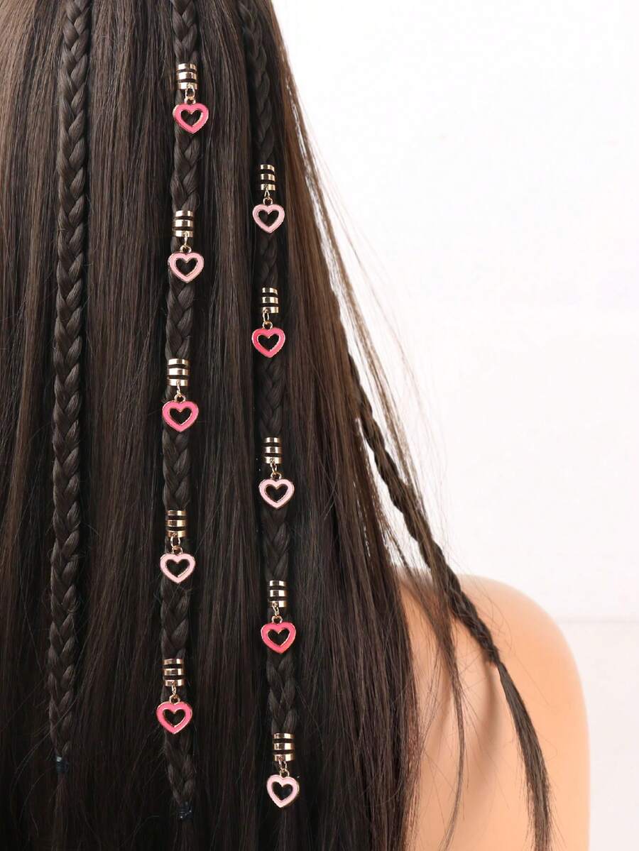 10件装女士编织爱心吊坠发饰，粉色和浅粉色爱心吊坠发饰，发型设计，情人节爱心发饰，编织装饰，耳环，发夹，发卡，发夹，情人节配饰礼物，情人节配饰，头部配饰，发卡 - 彩色 - 查看 1