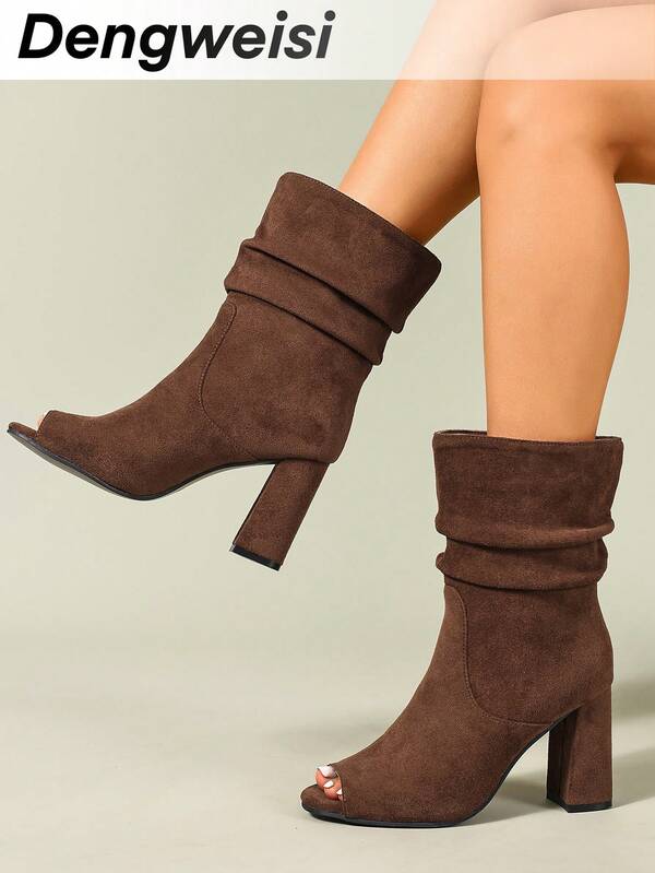 Coffee Pleated Slip-On Peep Toe High Heel Boots, Elegant & Versatile For Vacation, Party, Minimalist Fashion, Spring/Summer