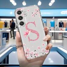 Pink Cherry Blossom Letter "S" Transparent Phone Case Suitable For Compatible With Samsung Galaxy S25/24/23/22/21 Ultra/FE/Edge/+,A73/72/54/53/52/50/35/34/33/25/24/23/22/20/16/15/14/13/12/10,As Well As IPhone17,16, 15, 14, 13, 12, 11, Pro Max, Air, Plus, Fashionable Phone Cases - 彩色 - 查看 1