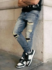 Men's Slim Fit Distressed Denim Jeans, Stretchy Fabric, Casual Street Style, Vintage College Look, All Season - 藍色 - 查看 5