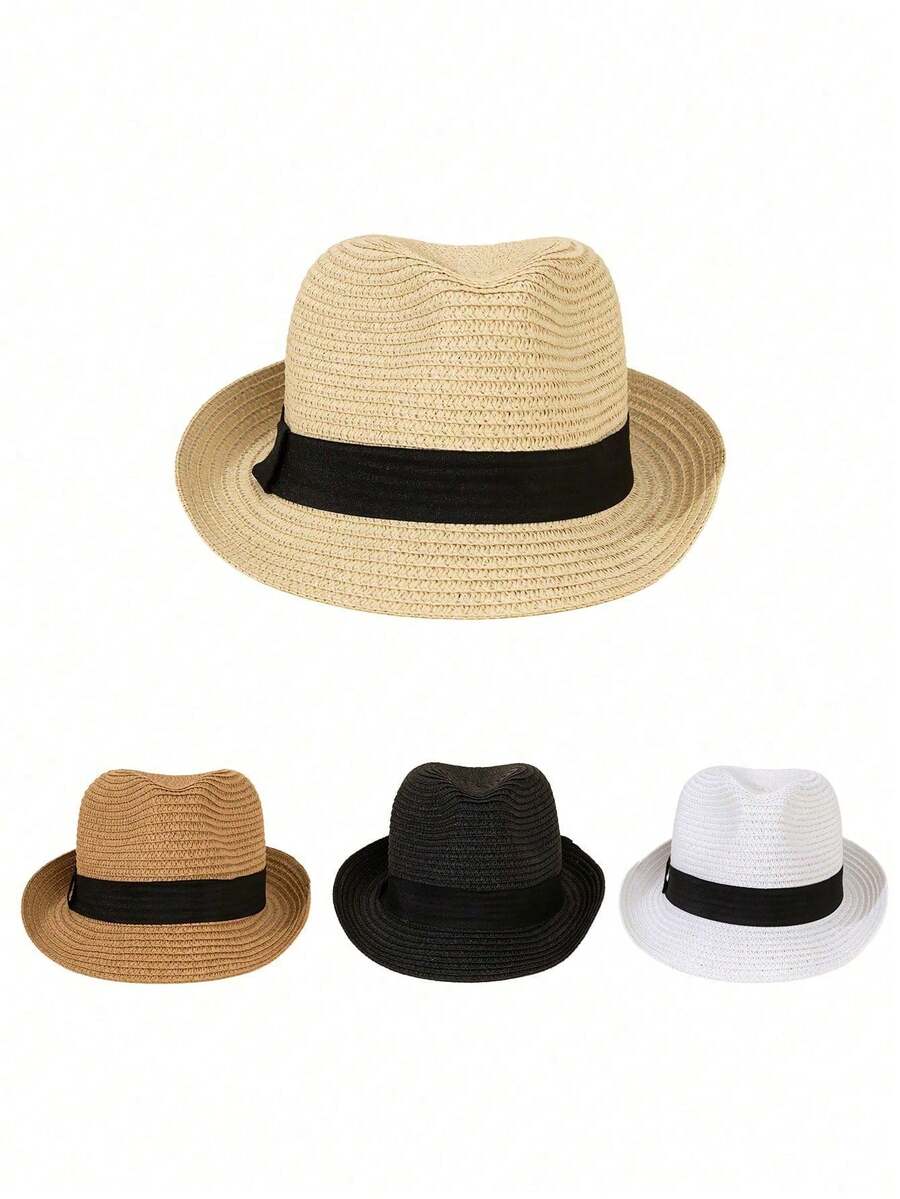 1pc Unisex Foldable Soft Straw Hat, Short Brim Curled Edge, Panama Style Summer Beach Sun Hat, Casual - MZ1437 - View 1