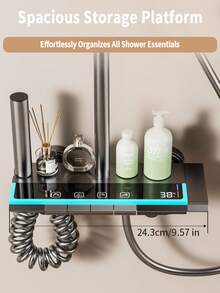 12英寸壁挂式卡迪特蓝雨淋式淋浴系统 | 钢琴键式控制 | 数字温度显示 | 四功能淋浴龙头套装，含雨淋式花洒和手持花洒 | 适用于现代浴室的高压增压装置 - 青碧色 - 查看 8