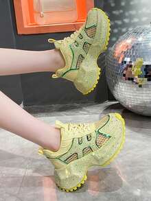 2025 New Starry Rhinestone Thick Sole White Sneakers For Women, Fashionable Elevated Casual Running Shoes, Ins Style - Yellow - View 4