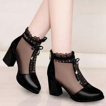 Women's Summer Mesh Mid-Heel Peep Toe Sandals, Versatile Hollow-Out High Heel Boots - Black - View 1