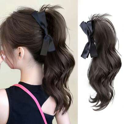 14英寸蝴蝶结爪夹式马尾假发 - 女士日常波浪卷合成假发