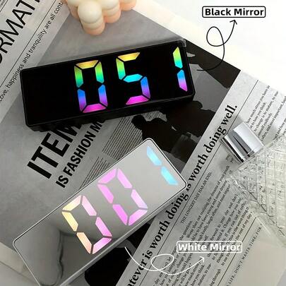 A Compact Digital Alarm Clock With A Mirror-Style LED Display, Featuring A Large Screen, Adjustable Brightness, And Alarm Settings. Suitable For Bedroom, Desk, And Office Use. White Digital Display With Dual Alarm, Snooze, Brightness Adjustment, Automatic Daylight Saving Time Adjustment, Voice Control, And Automatic Time Synchronization. An Ideal Gift For Living Room And Bedroom.
