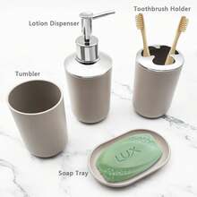 4件套浴室配件套装，包括牙刷架、皂碟、漱口杯、乳液瓶 - 米色 - 查看 2