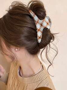 1个优雅半圆形椭圆形一体式拱形浅蓝色和棕色条纹格子发爪，时尚个性化发夹，适合日常外出和休闲聚会 - 彩色 - 查看 2