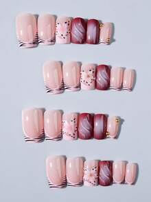 24片装短方形3D立体花朵美甲贴片，法式亚克力按压式短指甲套装。包含：1片果冻胶和1把指甲锉。花朵美甲让您的指尖闪耀夺目，适合派对、舞蹈和日常美甲。 - 彩色 - 查看 3