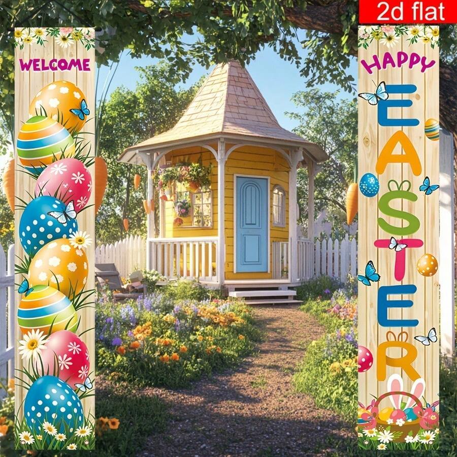 2pcs Easter Bunny & Eggs Theme Party Horizontal Banner, Polyester Front Door Porch Sign Suitable For Outdoor And Indoor Porch, Yard, Garage And Home Decor - Multicolor - View 1