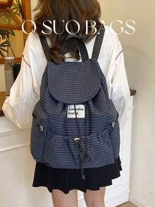 大容量时尚格子多口袋尼龙休闲背包，防水轻便可折叠抽绳字母贴布旅行包，夏季