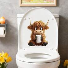 Adesivo de banheiro engraçado com vaca das Terras Altas, estampa de animal fofo segurando um rolo de papel higiênico, adesivo de vinil removível e à prova d'água para banheiro, tampa do vaso sanitário, caixa acoplada e decoração de parede.