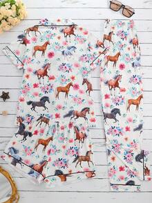 3 piezas Conjunto de pijama de mujer, manga corta, pantalones cortos y pantalones, pijama casual con solapa y botones, patrón de pareja de animales de dibujos animados de caballos, cómodo y holgado, adecuado para todas las estaciones, ropa de casa, regalo del Día de San Valentín - Blanco - Ver 2