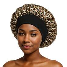 [Gorro de satin de estampado de leopardo (éxito viral)]Estampado de leopardo dorado + borde elástico | Modelo dual para cuidado capilar/salidas | Articulo elegante para amantes del cabello/fashionistas - Estampado de leopardo - Ver 6