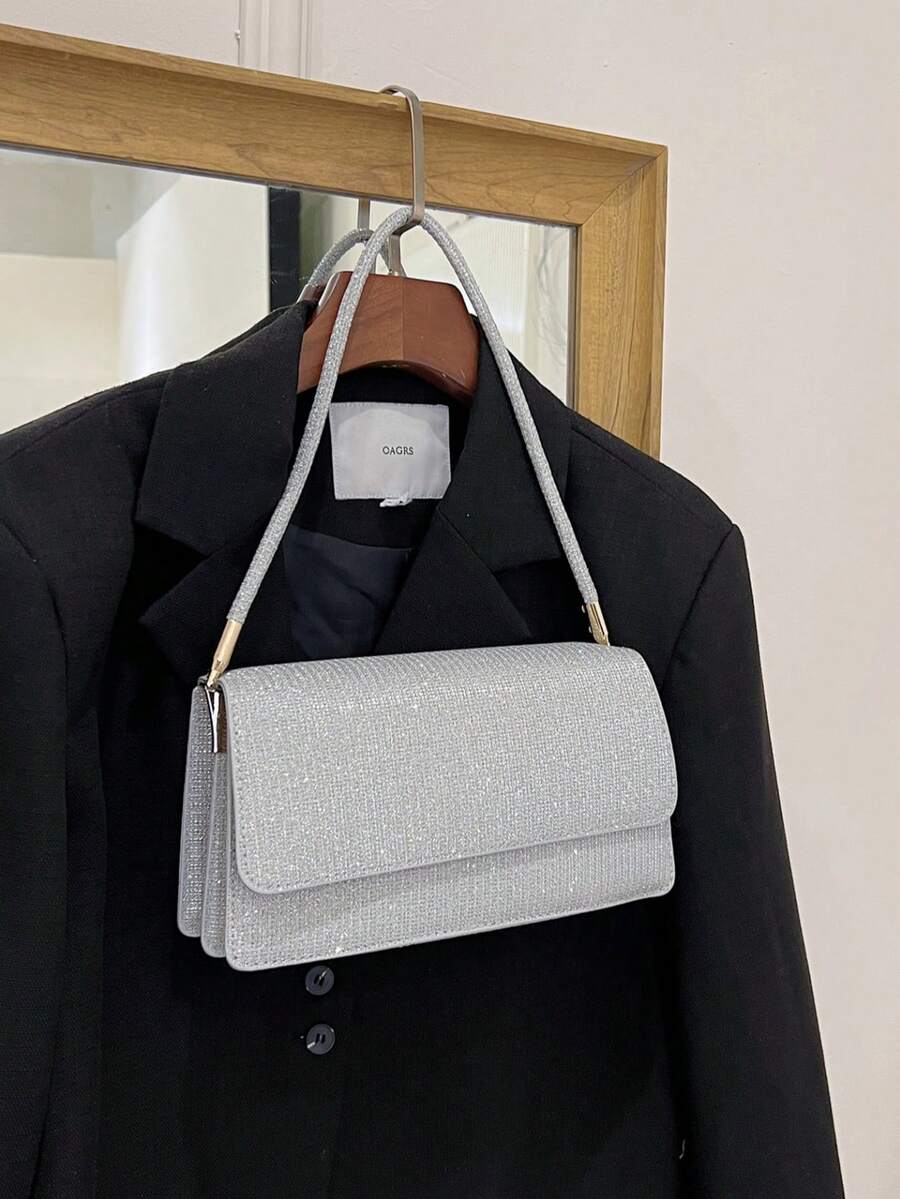 女士简约方形手提包，新款夏季时尚纯色单肩包，休闲托特包，复古斜挎包 - 銀色 - 查看 1