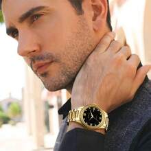 奢华全镶钻石英表，带月相显示和计时功能，节日送礼佳品 - 金色 - 查看 6