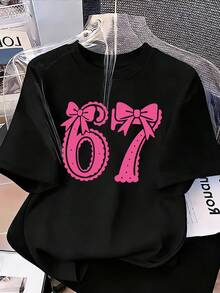 少女数字蝴蝶结印花圆领休闲短袖T恤 - 黑色 - 查看 2