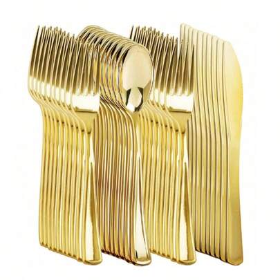 150/75/50/30/25/2 Pcs Gold Reusable Cutlery Set, Includes Knife, Salad Fork And Dessert Spoon, Suitable For Desserts, Salads, Cakes, Burgers, Perfect For Celebrations, Birthday Parties, Weddings, Theme Parties, Bridal Showers, Housewarming, Thanksgiving, Christmas, New Year