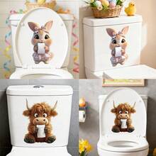 Adesivo de banheiro engraçado com vaca das Terras Altas, estampa de animal fofo segurando um rolo de papel higiênico, adesivo de vinil removível e à prova d'água para banheiro, tampa do vaso sanitário, caixa acoplada e decoração de parede.