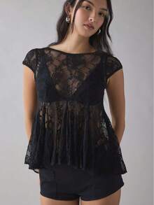 Women's Casual Elegant Sexy Black Pleated Lace Backless Blouse Summer - Black - View 1