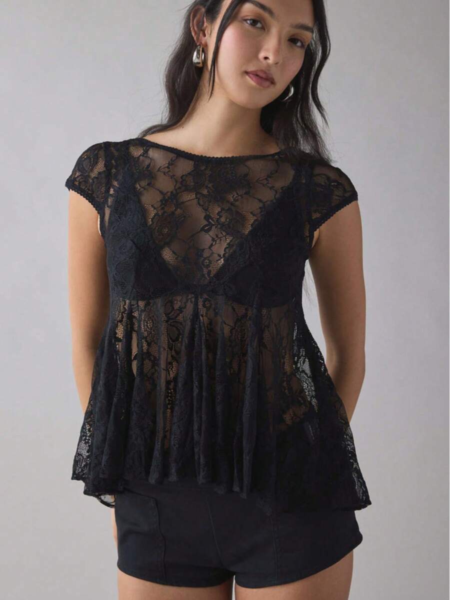 Women's Casual Elegant Sexy Black Pleated Lace Backless Blouse Summer - Black - View 1