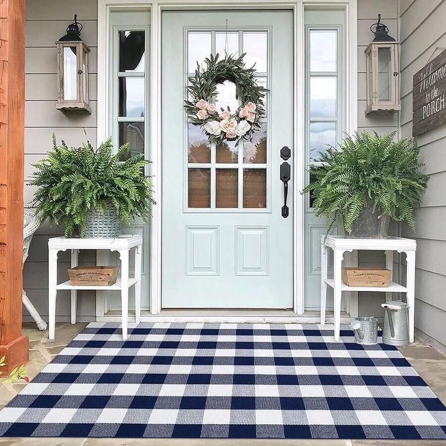 IOHOUZE Buffalo Plaid Checkered Rug 4x6 Ft Front Door Mats, Washable Area Rugs For Front Porch Decor, Spring Summer Welcome Mats Outdoor, Navy White Rug For Farmhouse/Entryway/Home Entrance,One-Size,NavyandWhite4x6Rectangular - NavyandWhite4x6Rectangular - View 1
