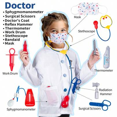 9pcs Kids Doctor & Nurse Costume Set, Includes Long Sleeve Doctor Coat, Syringe, Blood Pressure Monitor, Nurse Apron, Stethoscope, Children's Roleplay Outfit, Pretend Play Toys, Ideal For Holidays & Parties