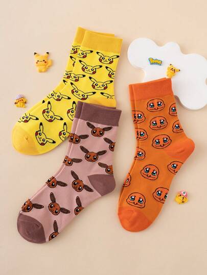  3 Pairs Men's Pokemon Series Pikachu & Charizard Cartoon Pattern Colorful Jacquard Mid-Calf Socks, Unisex, Sportswear, All Season, European & American Size, Comfortable Breathable Durable, Vibrant Colors, Suitable For Daily Wear, Premium Fabric, Non-Stuffy