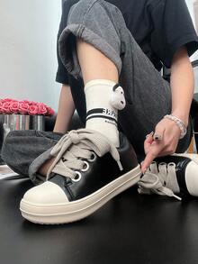 [Local Delivery][Quick Arrival]Women's Low-Top Lace-Up Casual Shoes Fashionable Shoes Women's Flat Shoes  Can Be Matched With Jeans Black Shoes For Women Women's Leather Shoes With Thick Shoelaces Bread Shoes Box Packaging - 黑色 - 查看 2