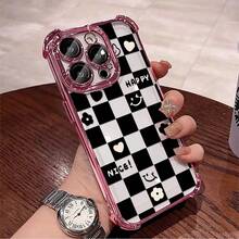 1pcs Black and White Checkerboard  Heart Flower Phone Case Compatible with Apple Phone17ProMax 16 15 14Plus 11 12 13 ProMax Antidrop Phone Case Camera Protection Phone Case Funky Girlish Style Popular Cute Funny Can Be Given To Friends Can Be Given To A Lover - Rosa - Ver 4