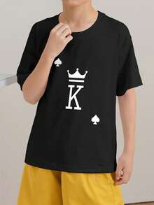 男童及青少年休闲印花圆领短袖T恤，夏季上衣 - 黑色 - 查看 2