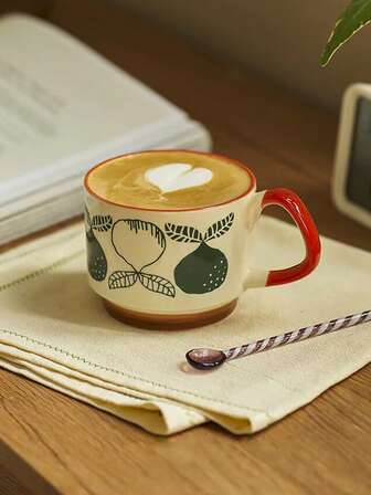 1pc Japanese Retro Ceramic Mug, Hand-Painted Fruit Design, Household Breakfast Milk Oatmeal Cup, Office Water Cup, Afternoon Tea Coffee Cup, Juice Beverage Cup, Couple Water Cup, Holiday Gift Cup For Family And Friends