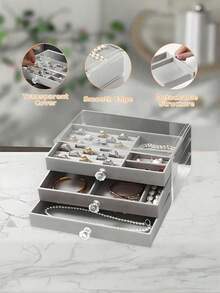 1pc 3 Layers Clear Plastic & Velvet Drawers Jewelry Storage Box, Organizer For Rings, Necklaces, Bracelets, Earrings And Pendants, Three-Layered Jewelry Manager, Women's Day Gifts, Christmas Gifts, Halloween Gifts, And Ladies' Gifts, - 彩色 - 查看 9