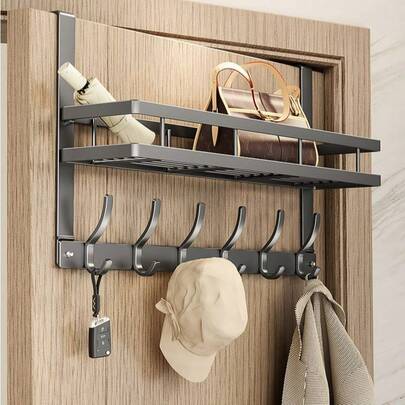 1 pieza Estante de almacenamiento multifuncional de metal sin taladro con ganchos - Organizador de fácil instalación y ahorro de espacio para dormitorio, baño, cocina - Diseño de metal pulido duradero, estante de almacenamiento para baño
