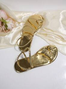 Ins Blogger Style Metal Woven Sandals, Toe Ring Strappy Roman Shoes, Sexy Open Toe Shoes For Summer