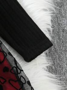 情人节女童磨毛罗纹短袖圆领长袖植绒爱心网纱连衣裙 - 黑色 - 查看 5