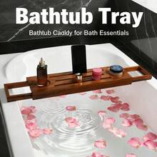 1pc Expandable Bamboo Bathtub Tray | Wine Holder, Phone Slot & Bookrest, Anti-Slip Design, Foldable For Easy Storage