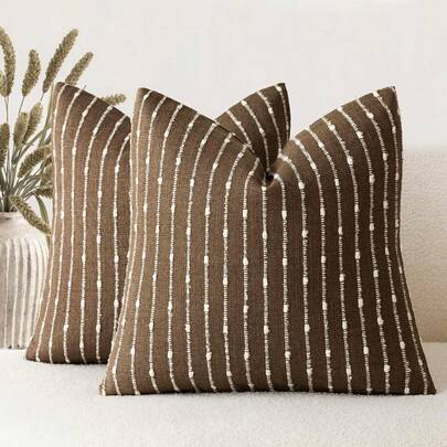 1pc Coffee Brown (Without Filling) Decorative Jacquard Plush Pillow Cover, Comfortable Modern Striped Texture Cushion Cover, Suitable For Sofa, Bedroom, Living Room, Exhibition Hall, Home Decor, All Seasons