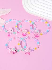 5件套可爱海洋主题章鱼、贝壳、鱼、海马、海星珍珠串珠手链腕带首饰套装，适合节日派对、学校活动、女孩生日礼物 - 彩色 - 查看 6