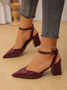 女士优雅尖头粗跟凉鞋，纯色，适合西式婚礼，性感又不失精致 - 酒紅色 - 查看 1