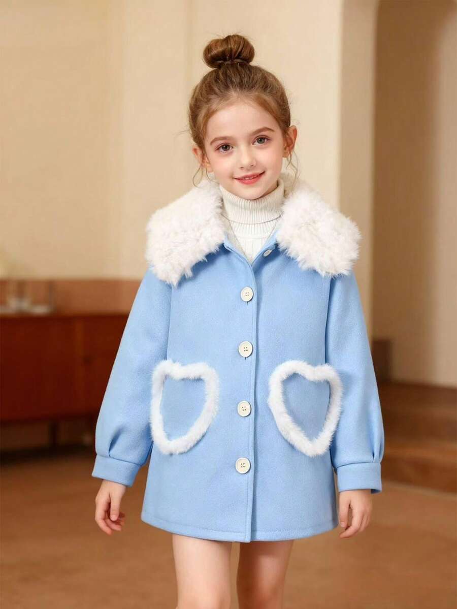 女童秋冬开衫，羊毛外套，心形口袋，可爱甜美校园风外套，礼物，节日礼物 - 藍色 - 查看 1