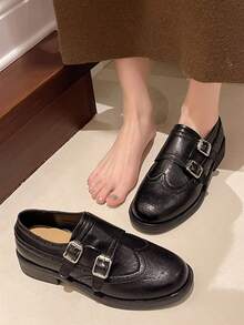 2026春季新款搭扣雕花布洛克乐福鞋软底平底学生鞋休闲英伦风女鞋 - 黑色 - 查看 3