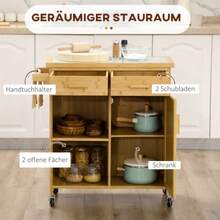HOMCOM Kitchen Trolley With Drawer, Cupboard, Open Shelves, Towel Rack, Worktop, Natural Bamboo - Mustard Yellow - View 5