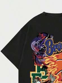 ROMWE MEN Street Life T-Shirt With Lettering And Cartoon Pattern For Men - 黑色 - 查看 6