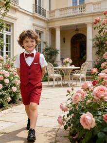 男童夏季休闲绅士套装（3件套）：纯色背心+短裤+领结 - 紅色 - 查看 2