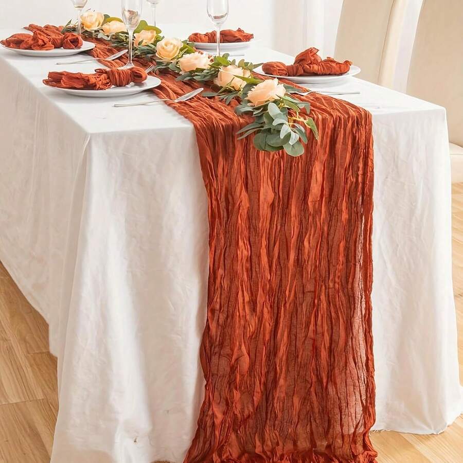 1pc Pleated Cheesecloth Table Runner, Suitable For Wedding, Bridal, Birthday Party Long And Round Dining Table Centerpiece Decor - Rust Brown - View 1
