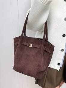 Dedoo 欧美小众设计麂皮水桶包，带扣设计，女士街头风手提包，适合秋冬季购物、通勤、聚会和送礼。 - 咖啡 - 查看 4