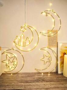 1 Warm Light Moon Hugging Double Star Multi Style Iron Ring LED Decorative Light, Moon, Moon Hugging Star, Moon Hugging Double Star, Moon Hugging Candle Star, With Flashing Function Like A Sky Full Of Stars, Multiple Styles Suitable For Holiday Decoration, Bedrooms, Wedding Parties, Holiday Decoration Lights (Excluding Batteries) - 暖光 - 查看 3