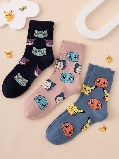 pokemon 3双装男士宝可梦系列皮卡丘和喷火龙卡通图案彩色提花中筒袜，男女通用，运动休闲，四季皆宜，欧美尺码，舒适透气耐穿，色彩鲜艳，适合日常穿着，优质面料，不闷热